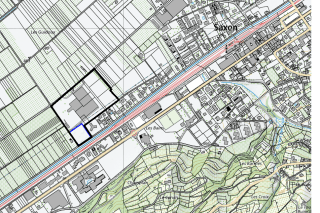 En noir, les parcelles directement concernées du quartier Alpwater (en bleu, celle grevée d'un DDP)